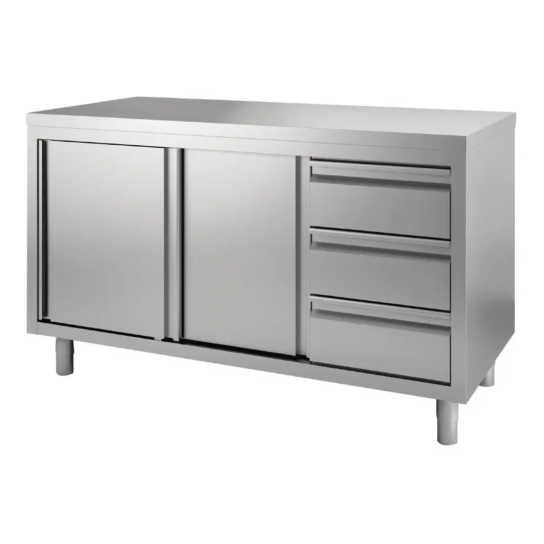 Table armoire inox avec portes coulissantes et 3 tiroirs à droite Gastro M 1500 x 700 x 850/900mm