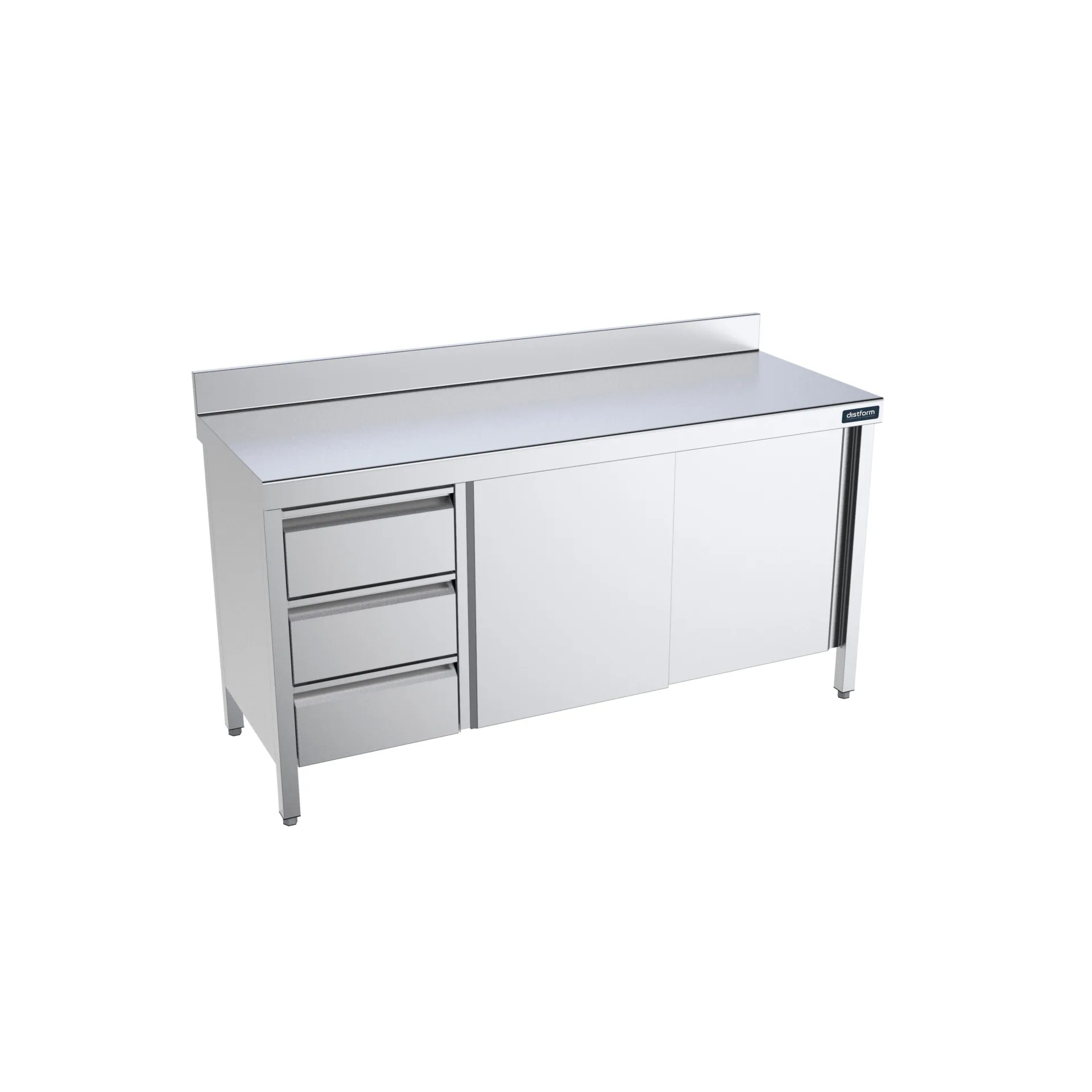 Table adossée 1600x600 avec portes et module de tiroirs à gauche