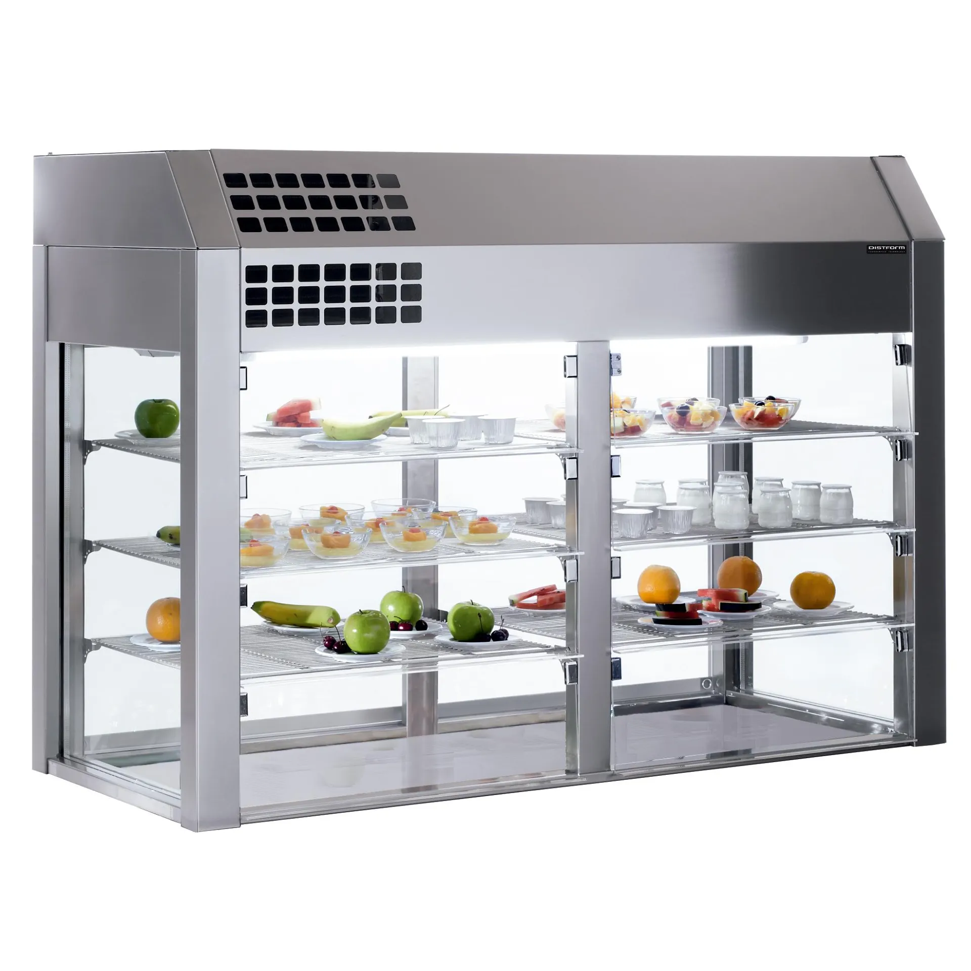 Vitrine réfrigérée 3 niveaux 4 GN 1/1 avec base isolée (rideau thermique)